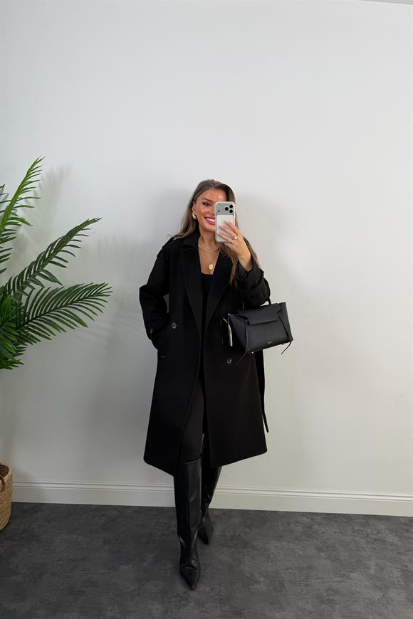 Lüx Kalite Apoletli Kuşaklı Kalın Kaşe Kaban Siyah