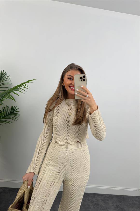 Lüx Kalite Astarlı Ajurlu Naturel Örme Takım