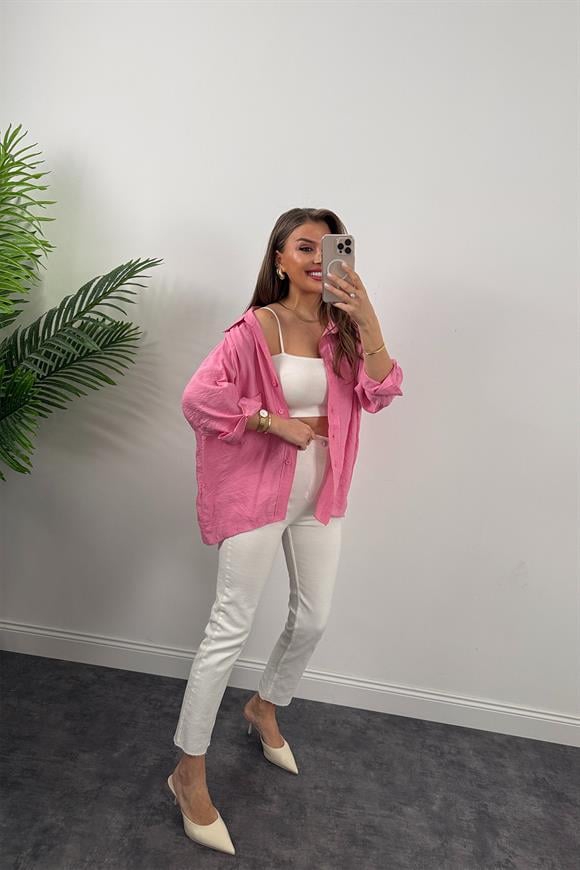 Lüx Kalite Basic Salaş Tensel Gömlek Barbie Pembe