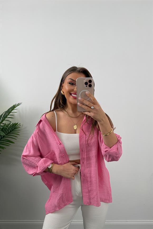 Lüx Kalite Basic Salaş Tensel Gömlek Barbie Pembe