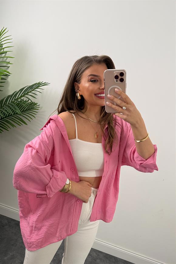 Lüx Kalite Basic Salaş Tensel Gömlek Barbie Pembe