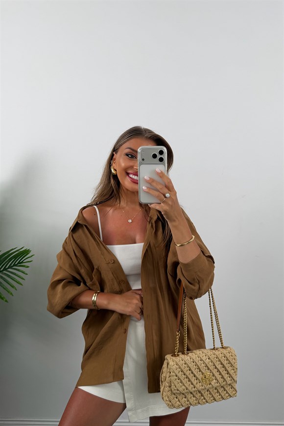 Lüx Kalite Basic Salaş Tensel Gömlek Camel 