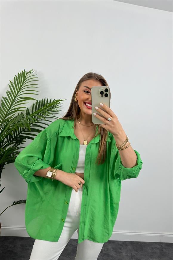 Lüx Kalite Basic Salaş Tensel Gömlek Çimen Yeşili