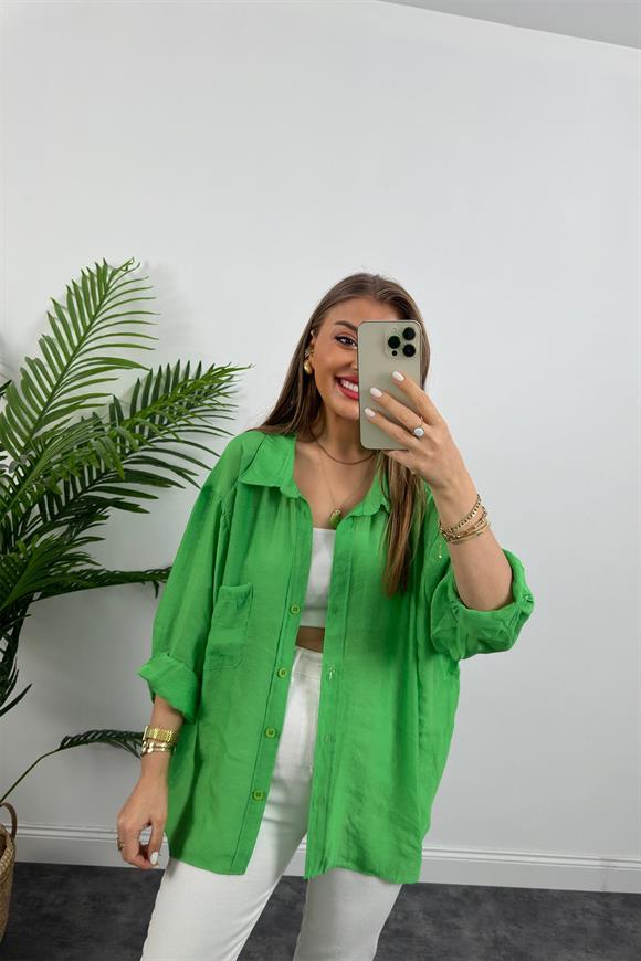 Lüx Kalite Basic Salaş Tensel Gömlek Çimen Yeşili