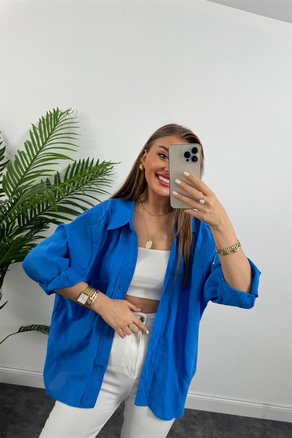 Lüx Kalite Basic Salaş Tensel Gömlek Mavi 