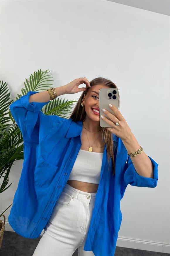 Lüx Kalite Basic Salaş Tensel Gömlek Mavi 