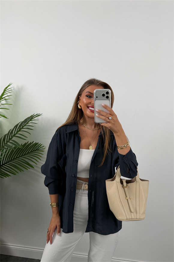 Lüx Kalite Basic Salaş Tensel Gömlek Vintage Lacivert