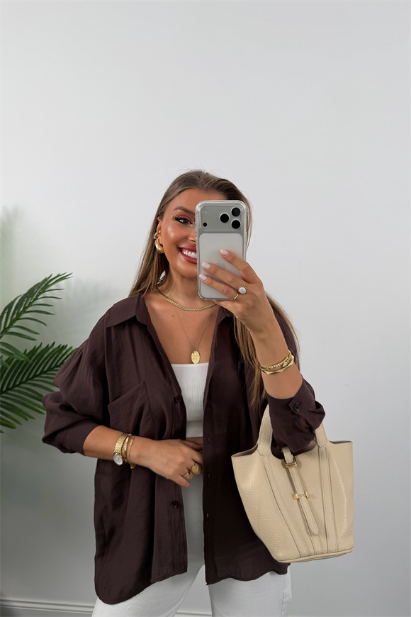 Lüx Kalite Basic Salaş Tensel Gömlek Vintage Kahve