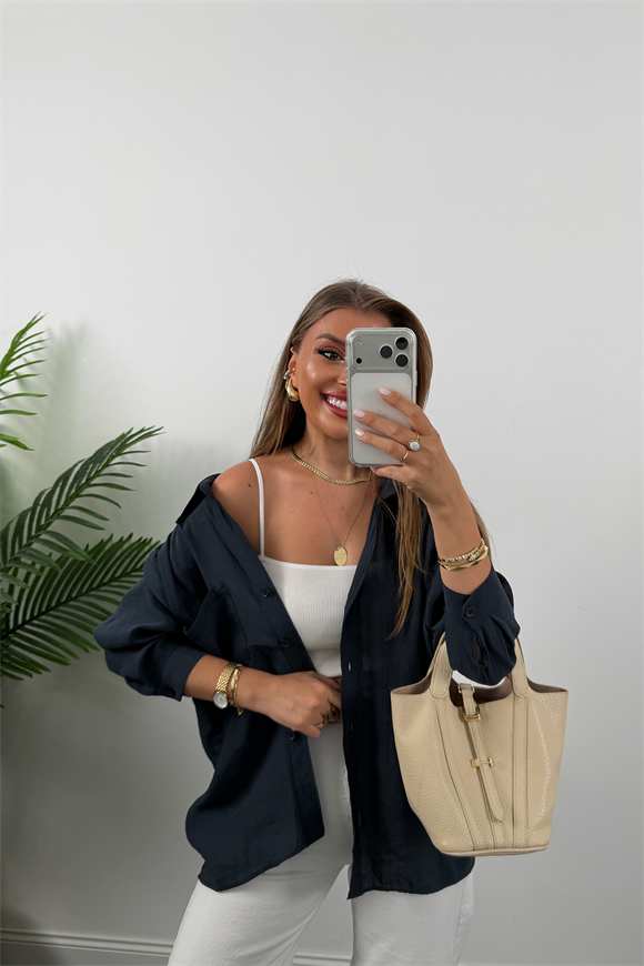 Lüx Kalite Basic Salaş Tensel Gömlek Vintage Lacivert