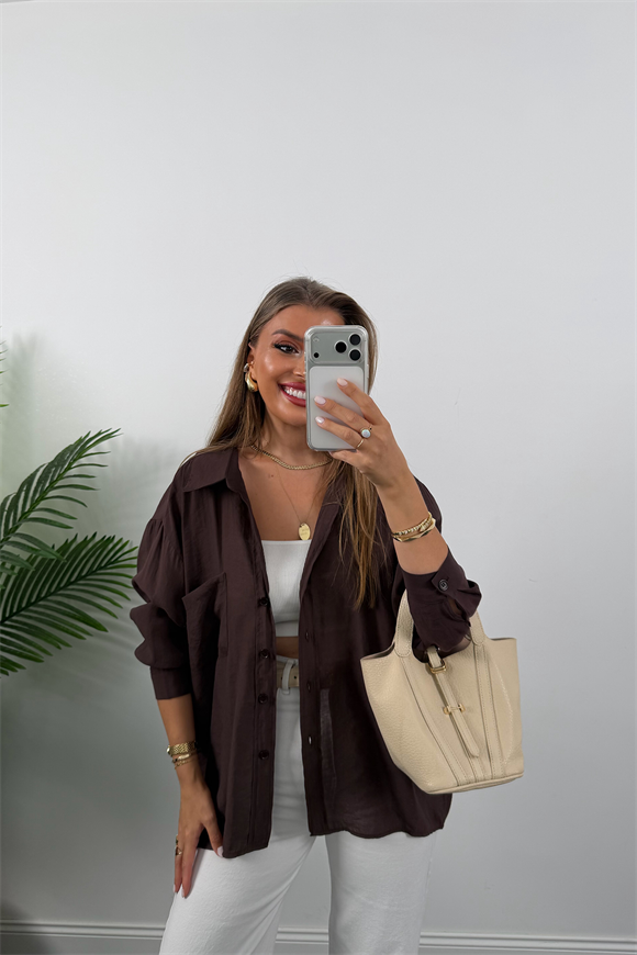 Lüx Kalite Basic Salaş Tensel Gömlek Vintage Kahve