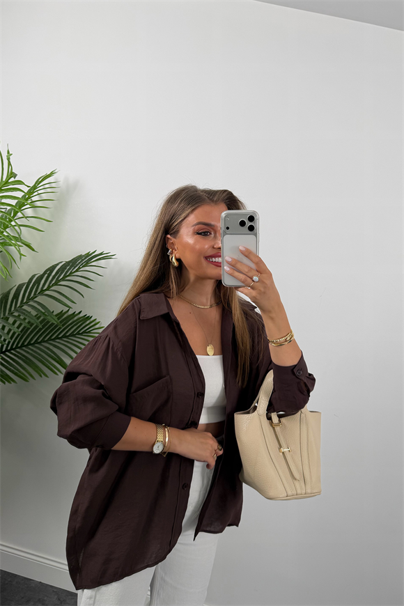 Lüx Kalite Basic Salaş Tensel Gömlek Vintage Kahve