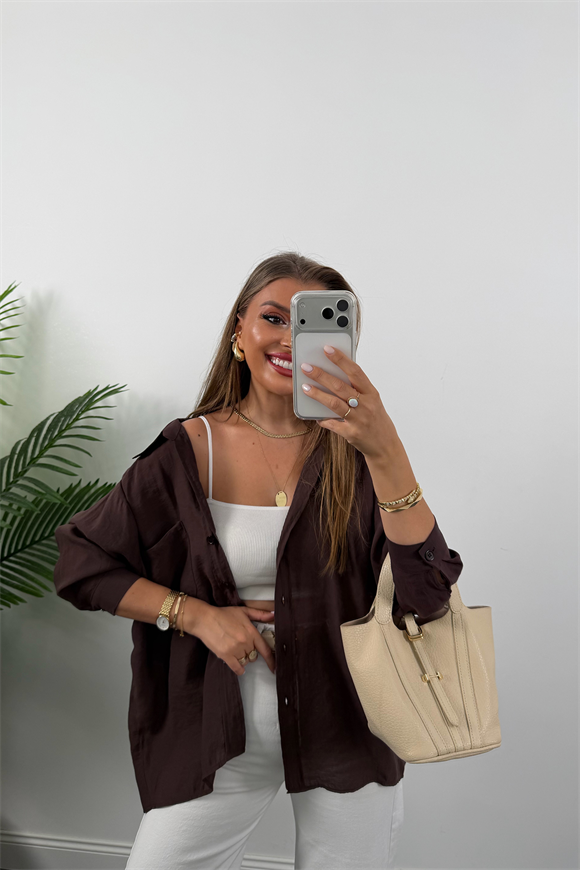 Lüx Kalite Basic Salaş Tensel Gömlek Vintage Kahve