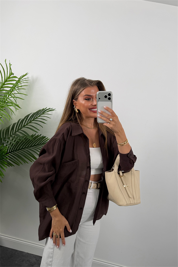 Lüx Kalite Basic Salaş Tensel Gömlek Vintage Kahve