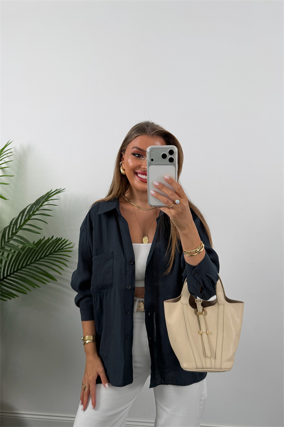 Lüx Kalite Basic Salaş Tensel Gömlek Vintage Lacivert