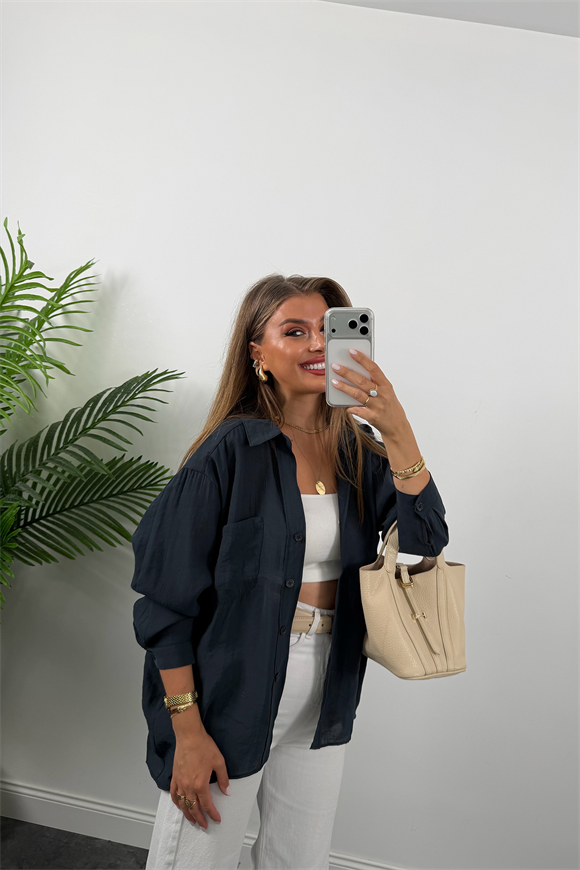 Lüx Kalite Basic Salaş Tensel Gömlek Vintage Lacivert