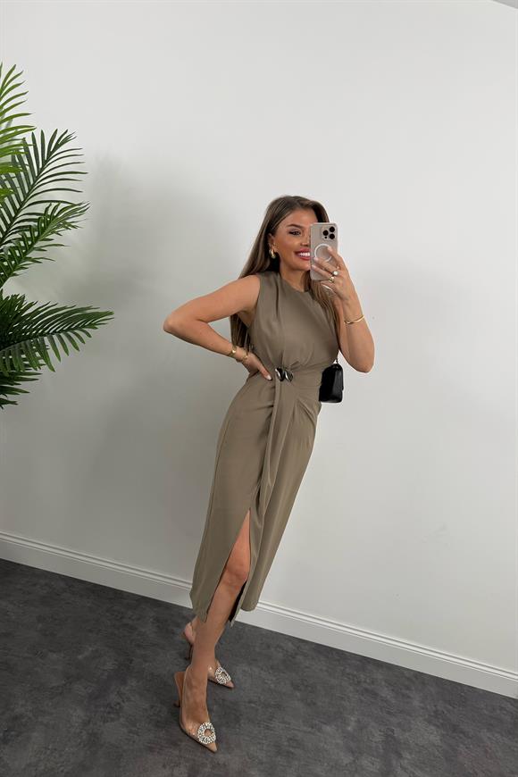 Lüx Kalite Bel Detaylı Drapeli Midi Boy Kalem Elbise Vizon
