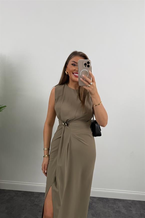 Lüx Kalite Bel Detaylı Drapeli Midi Boy Kalem Elbise Vizon