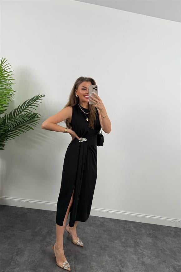 Lüx Kalite Bel Detaylı Drapeli Midi Boy Kalem Elbise Siyah 