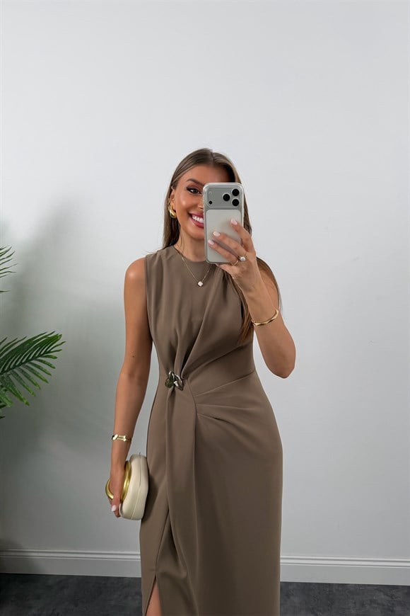 Lüx Kalite Bel Detaylı Drapeli Midi Boy Kalem Elbise Camel