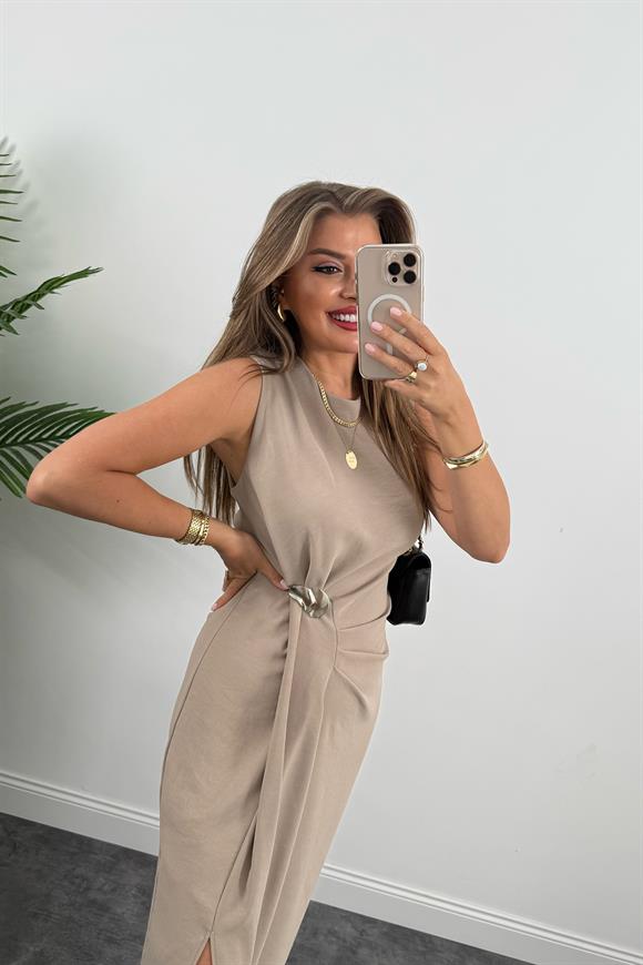 Lüx Kalite Bel Detaylı Drapeli Midi Boy Kalem Elbise Taş