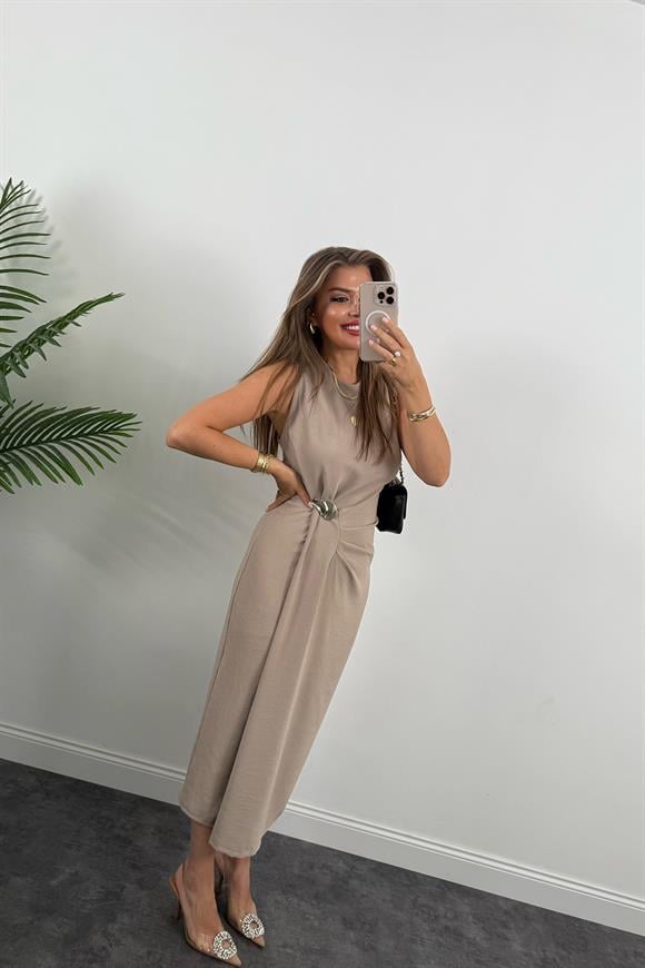 Lüx Kalite Bel Detaylı Drapeli Midi Boy Kalem Elbise Taş