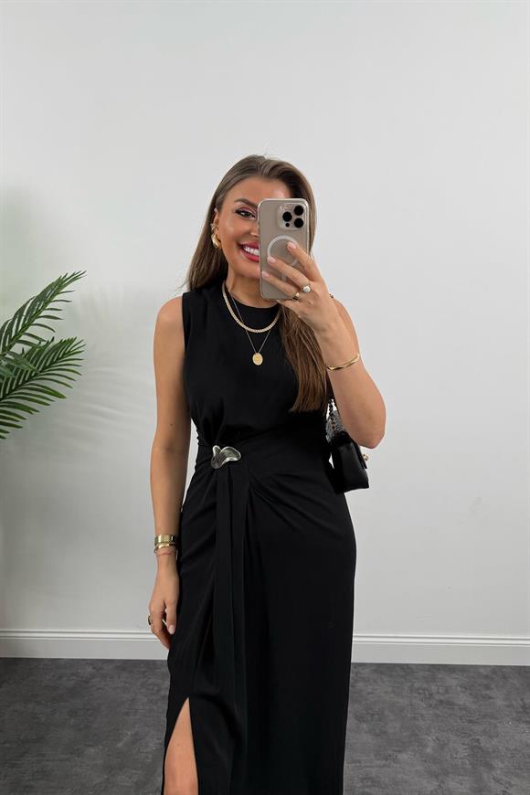 Lüx Kalite Bel Detaylı Drapeli Midi Boy Kalem Elbise Siyah 
