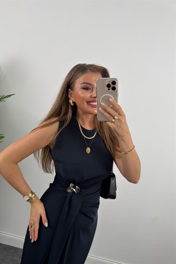 Lüx Kalite Bel Detaylı Drapeli Midi Boy Kalem Elbise Lacivert