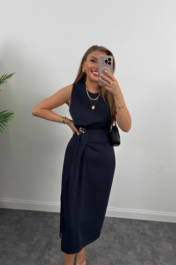Lüx Kalite Bel Detaylı Drapeli Midi Boy Kalem Elbise Lacivert