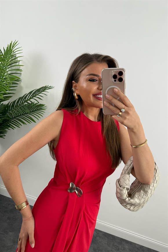 Lüx Kalite Bel Detaylı Drapeli Midi Boy Kalem Elbise Kırmızı