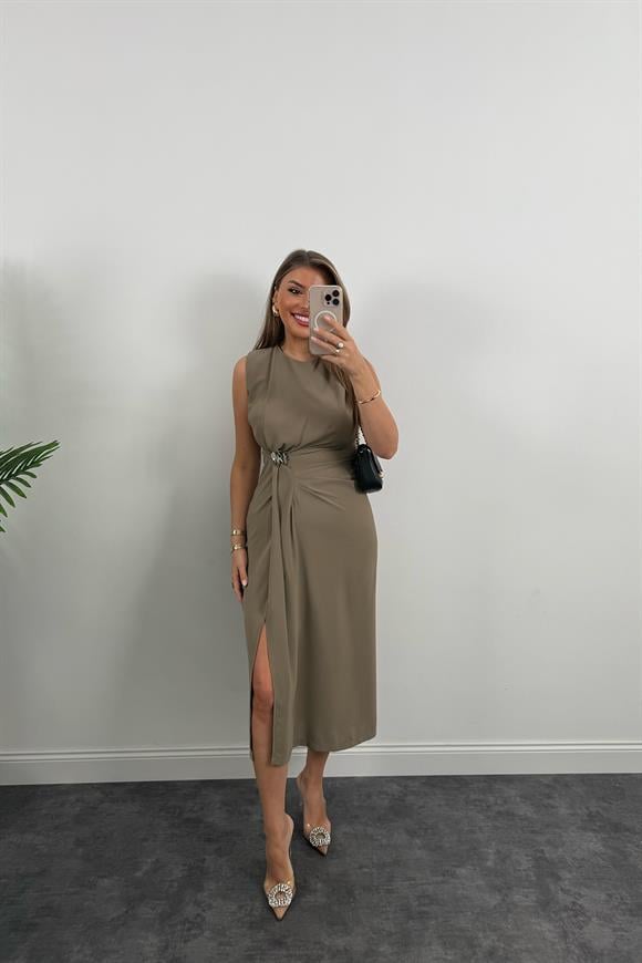Lüx Kalite Bel Detaylı Drapeli Midi Boy Kalem Elbise Vizon