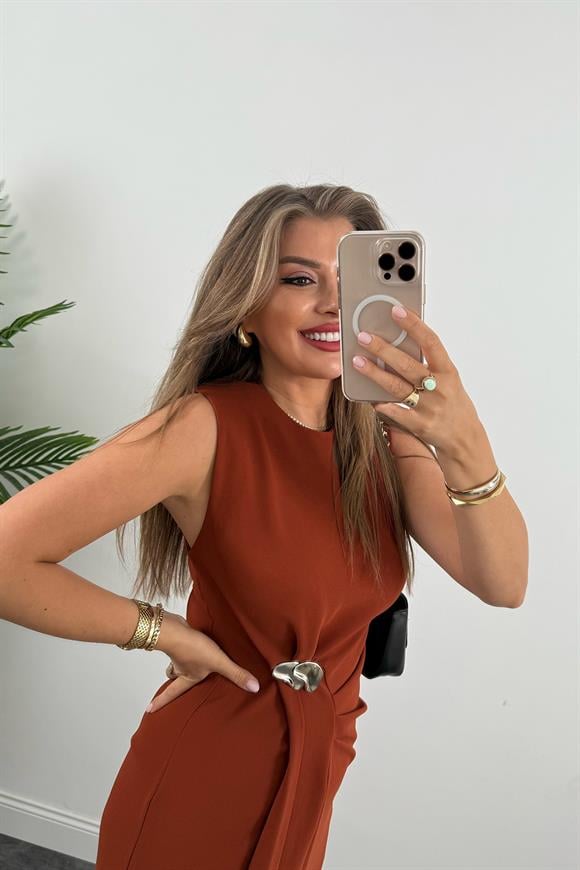 Lüx Kalite Bel Detaylı Drapeli Midi Boy Kalem Elbise Kiremit 