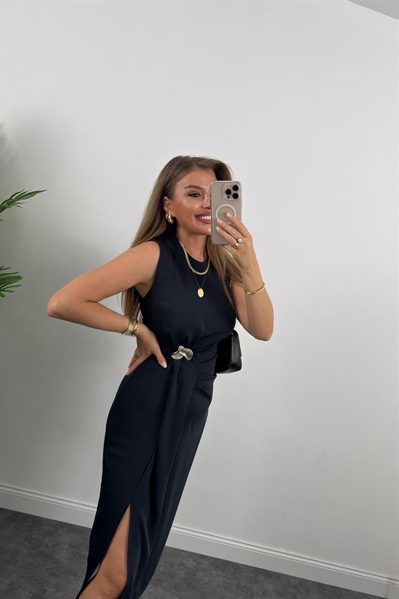 Lüx Kalite Bel Detaylı Drapeli Midi Boy Kalem Elbise Lacivert