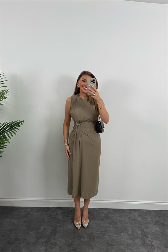 Lüx Kalite Bel Detaylı Drapeli Midi Boy Kalem Elbise Vizon