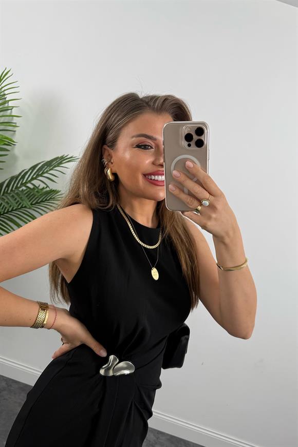 Lüx Kalite Bel Detaylı Drapeli Midi Boy Kalem Elbise Siyah 