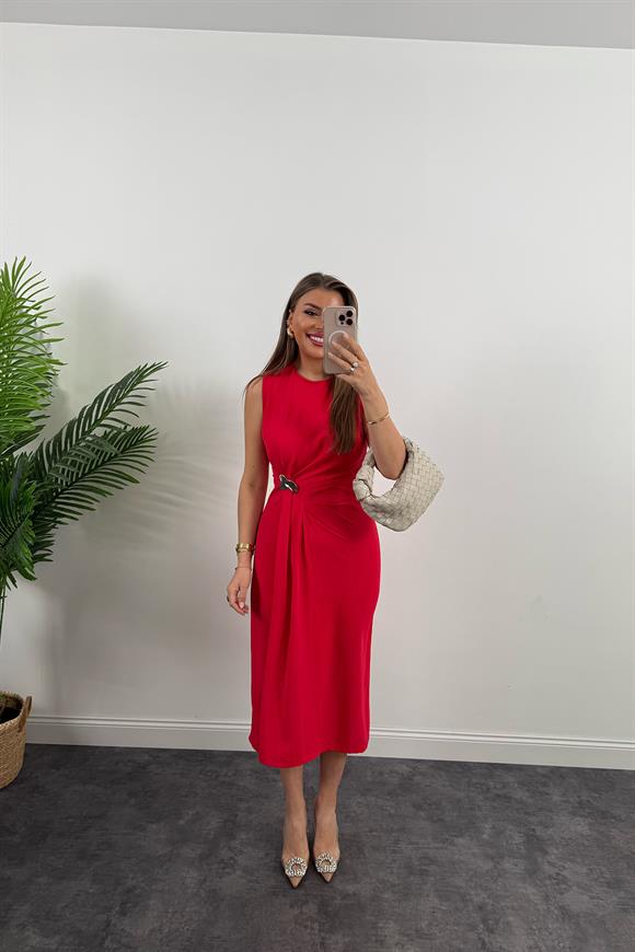 Lüx Kalite Bel Detaylı Drapeli Midi Boy Kalem Elbise Kırmızı