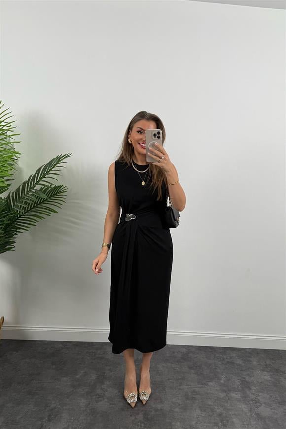 Lüx Kalite Bel Detaylı Drapeli Midi Boy Kalem Elbise Siyah 