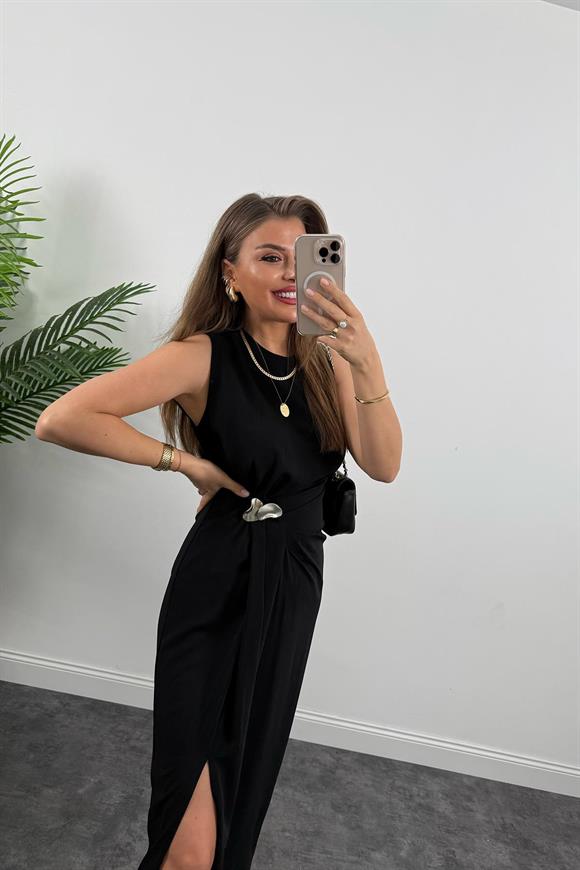 Lüx Kalite Bel Detaylı Drapeli Midi Boy Kalem Elbise Siyah 