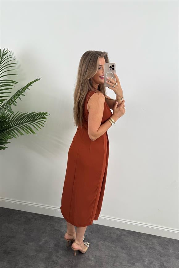Lüx Kalite Bel Detaylı Drapeli Midi Boy Kalem Elbise Kiremit 