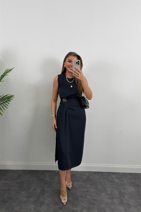 Lüx Kalite Bel Detaylı Drapeli Midi Boy Kalem Elbise Lacivert