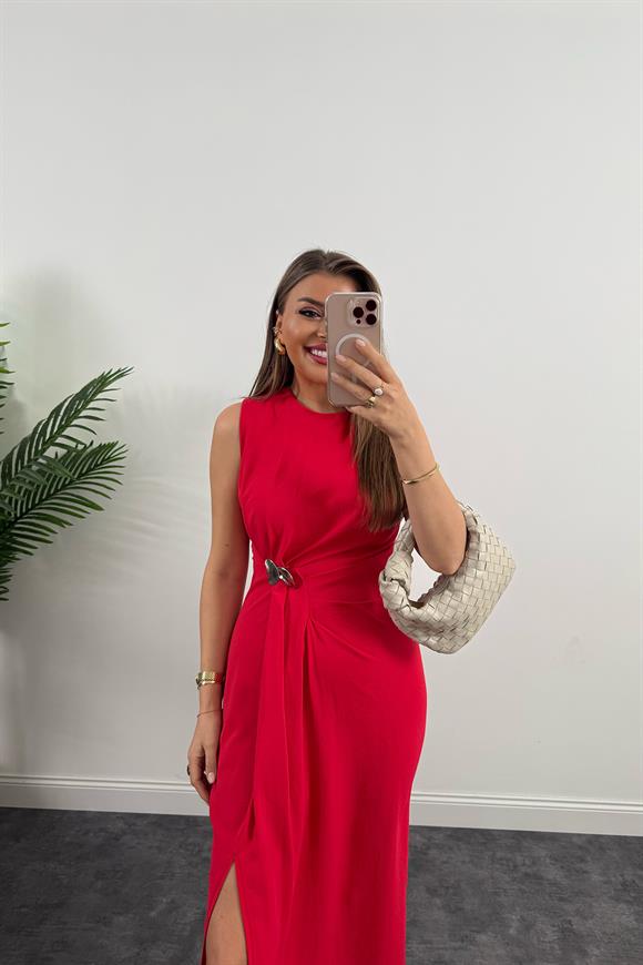Lüx Kalite Bel Detaylı Drapeli Midi Boy Kalem Elbise Kırmızı