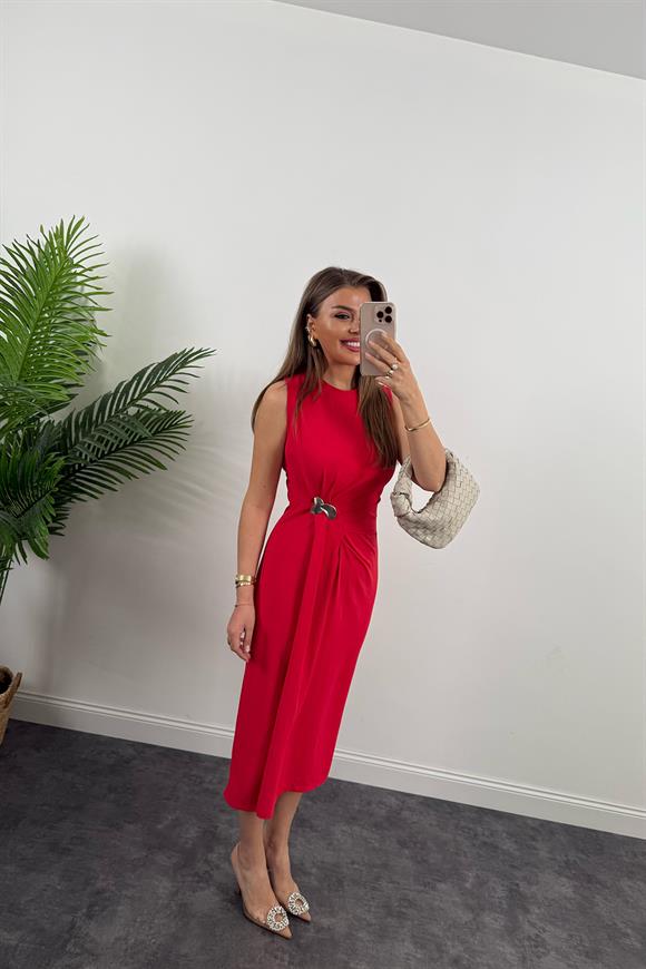 Lüx Kalite Bel Detaylı Drapeli Midi Boy Kalem Elbise Kırmızı