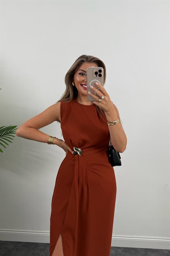 Lüx Kalite Bel Detaylı Drapeli Midi Boy Kalem Elbise Kiremit 
