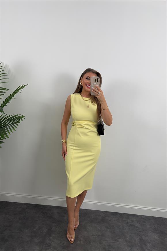 Lüx Kalite Beli Drapeli Çift Tokalı Kalem Elbise Sarı