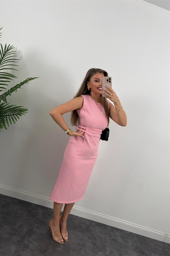 Lüx Kalite Beli Drapeli Çift Tokalı Kalem Elbise Pembe