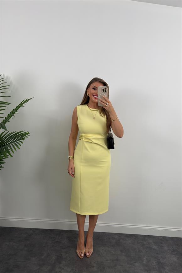 Lüx Kalite Beli Drapeli Çift Tokalı Kalem Elbise Sarı
