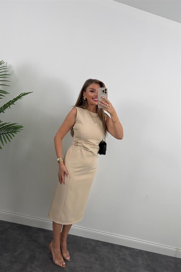 Lüx Kalite Beli Drapeli Çift Tokalı Kalem Elbise Taş