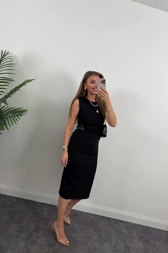 Lüx Kalite Beli Drapeli Çift Tokalı Kalem Elbise Siyah