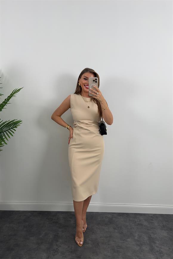 Lüx Kalite Beli Drapeli Çift Tokalı Kalem Elbise Taş