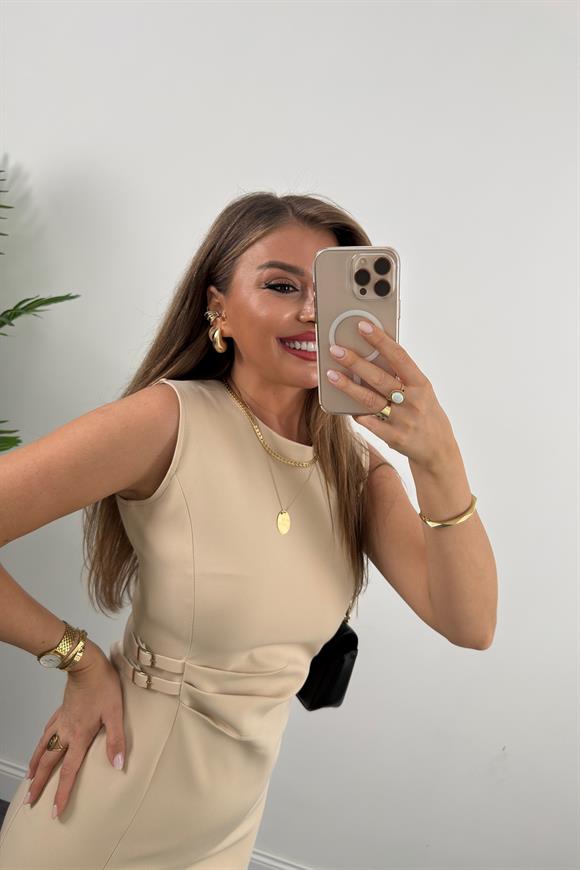 Lüx Kalite Beli Drapeli Çift Tokalı Kalem Elbise Taş