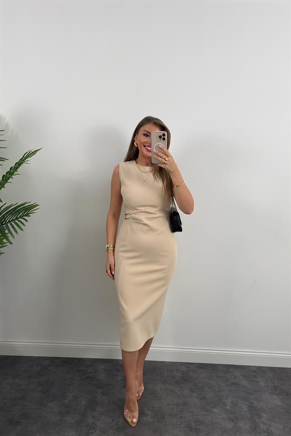 Lüx Kalite Beli Drapeli Çift Tokalı Kalem Elbise Taş